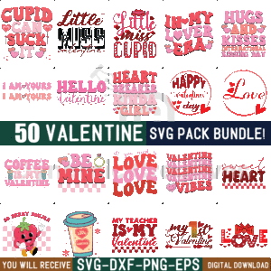 50 Valentines SVG Bundle, Retro Valentine Valentine's Day,Sublimate Design Bundle Designs,