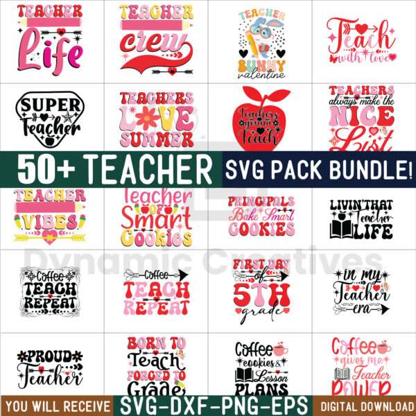 50+ Teacher Svg Bundle, Apple Teacher Svg,Teacher Bundle Svg, Teach Love Inspire Svg,